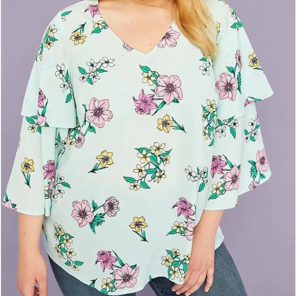 Lane Bryant Blue Floral Ruffle Sleeve V-Neck Blouse Top Size 18/20 - Picture 1 of 7